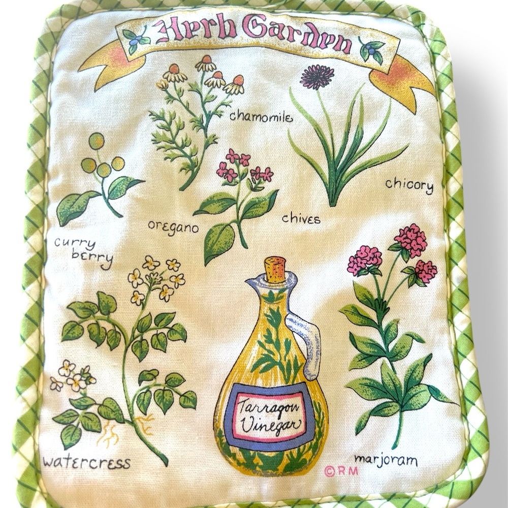 Vintage Herb Garden Quilted Pot Holder Cottagecore Kitchen Decor Green Gingham